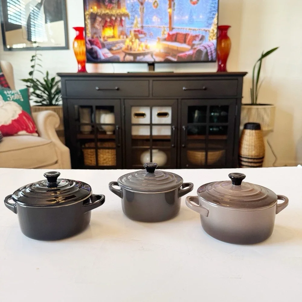 Le Creuset Mini Round Cocotte Set/3 Flint Grey, Fig, Black With Lids Plus Bonus